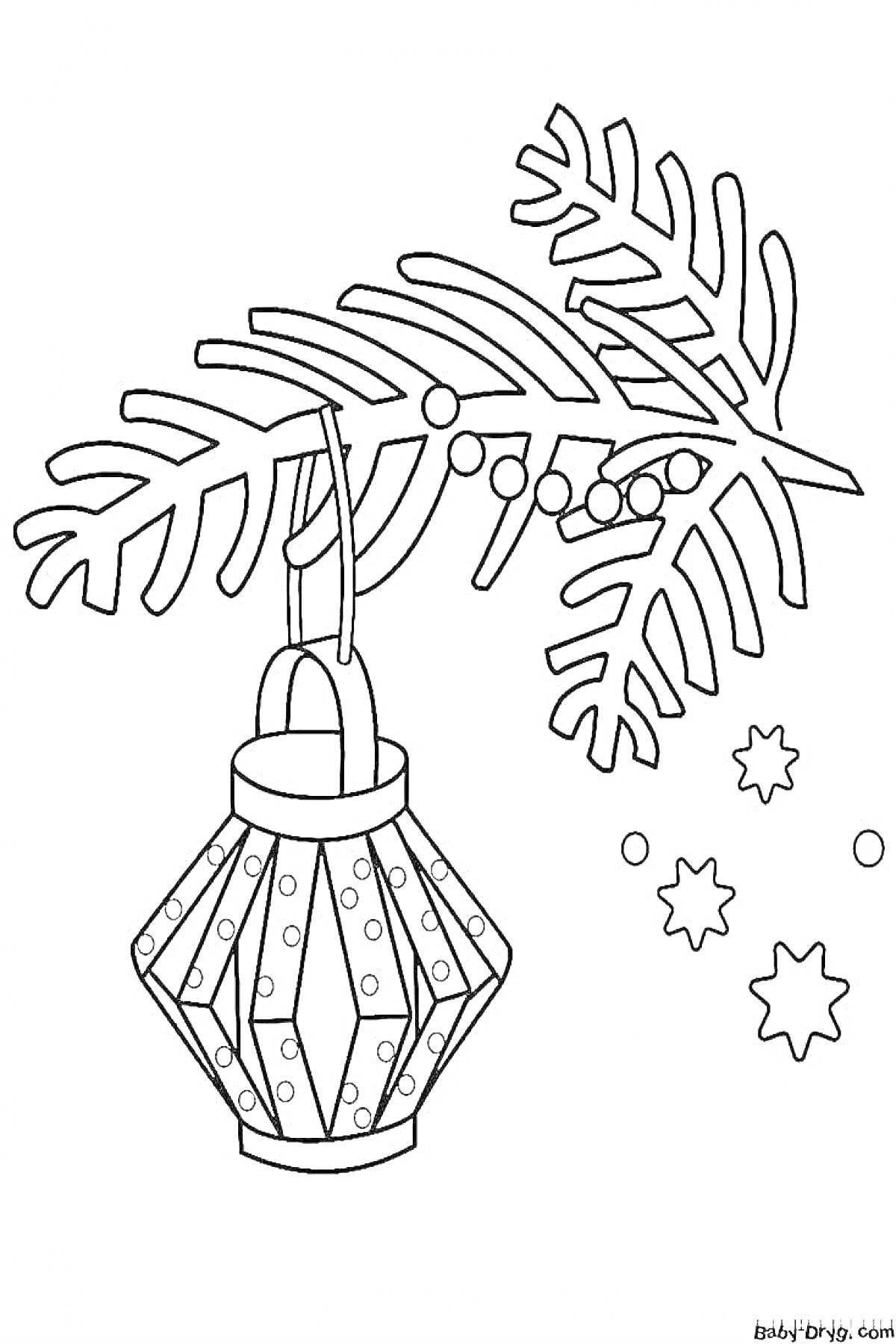 Раскраска Еловая ветка с новогодним фонариком и звездочками