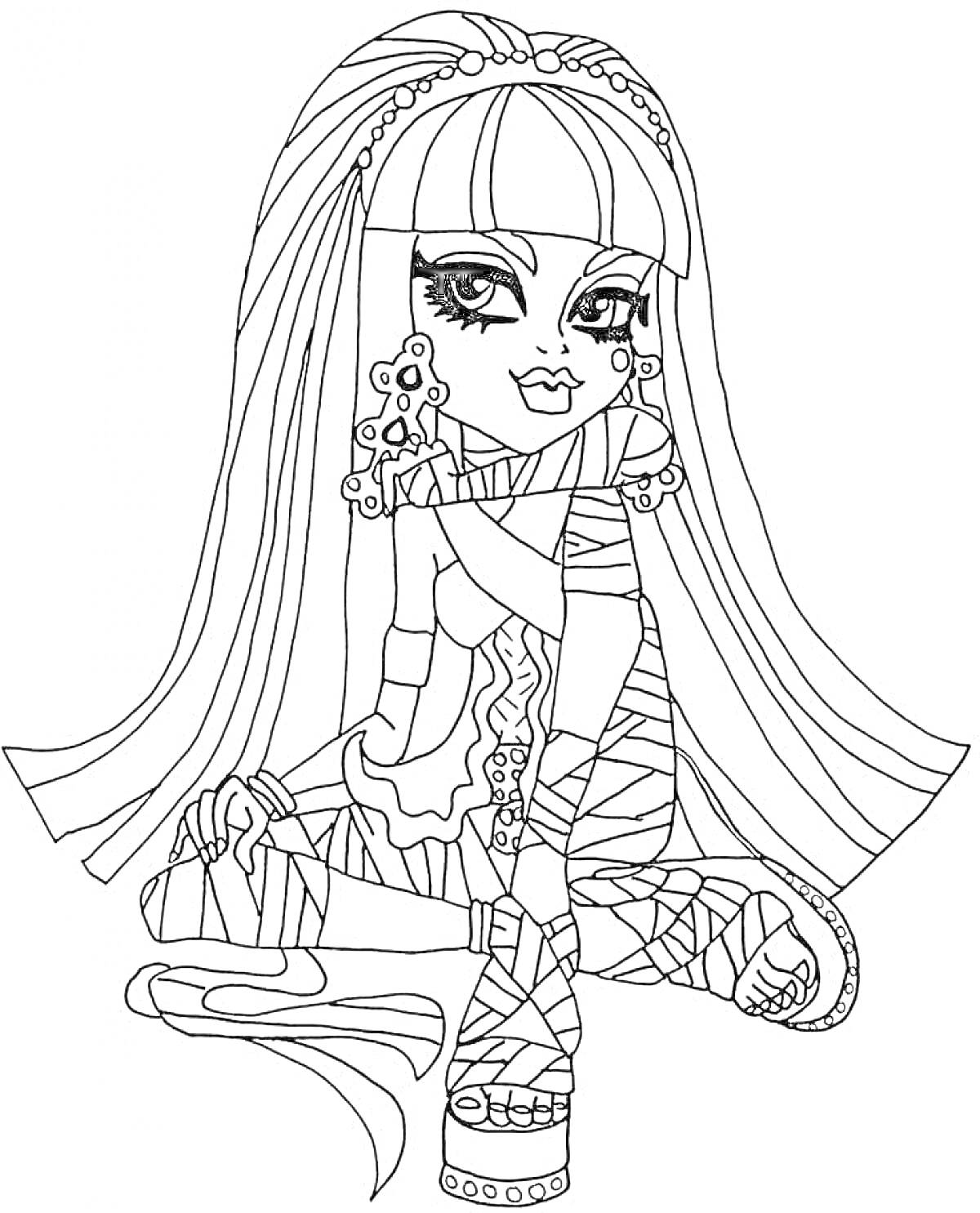 Раскраска Девушка из Монстер Хай с длинными волосами, в обуви на платформе, с серьгами в форме цветков, сидящая на земле с одной согнутой ногой, обмотанная лентами.