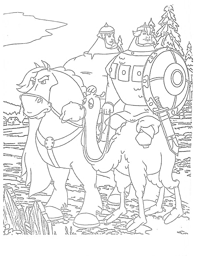 Три богатыря на фоне зимнего леса, богатырь на коне с щитом и копьем, верблюд рядом, лес и холмы на заднем плане