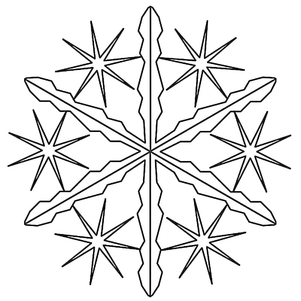 Раскраска Снежинка с узором из шести лучей и звёздочек
