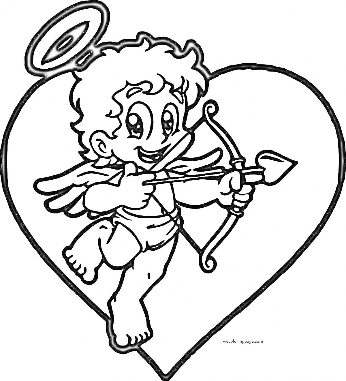 Раскраска Купидон с крыльями и луком внутри сердца