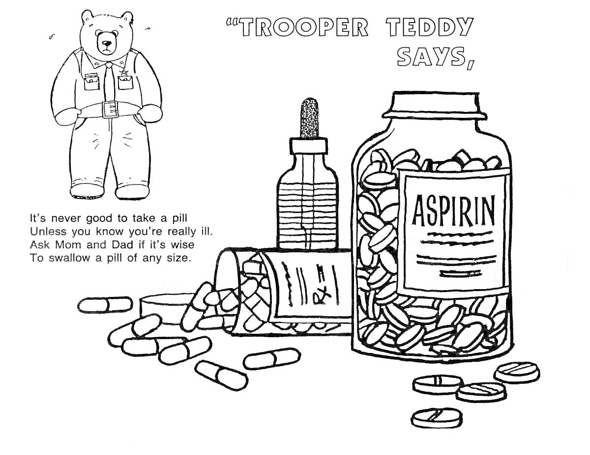 На раскраске изображено: Форма, Таблетки, Банка, Медицинские принадлежности, Предупреждение, Здоровье, Безопасность
