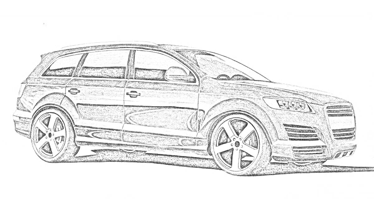 Раскраска Раскраска Q7 Audi на крутых дисках с окнами и фарами