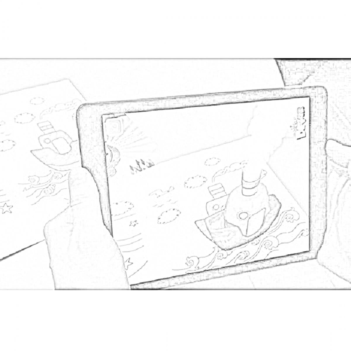 Раскраска Картинка для раскрашивания с кораблем, активируемая в дополненной реальности, отображаемая на планшете или смартфоне