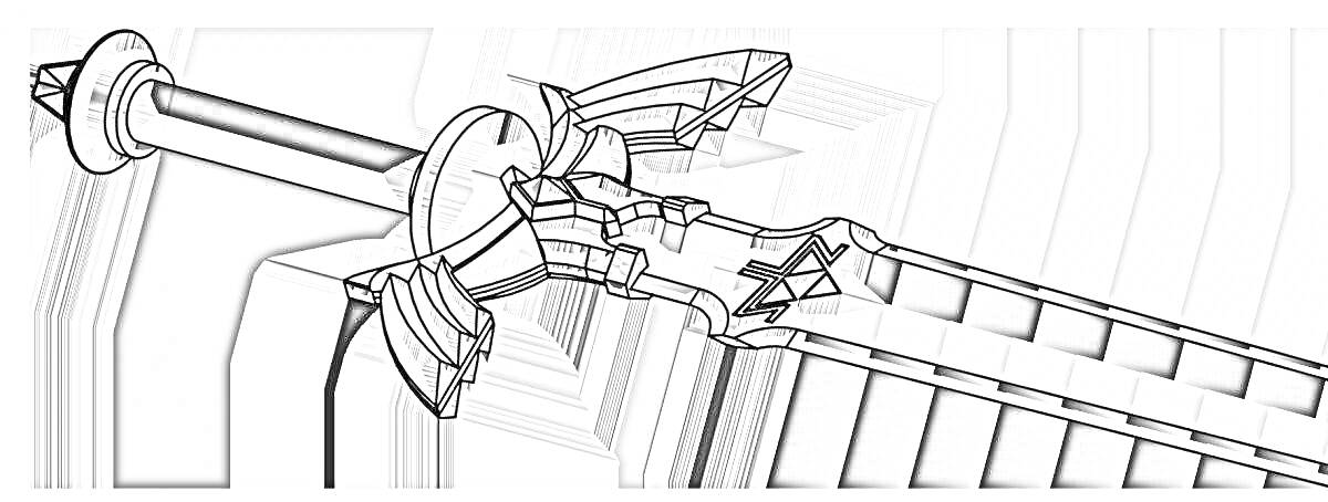 Раскраска Лазерный меч с деталями рукояти и архитектурными элементами на заднем плане