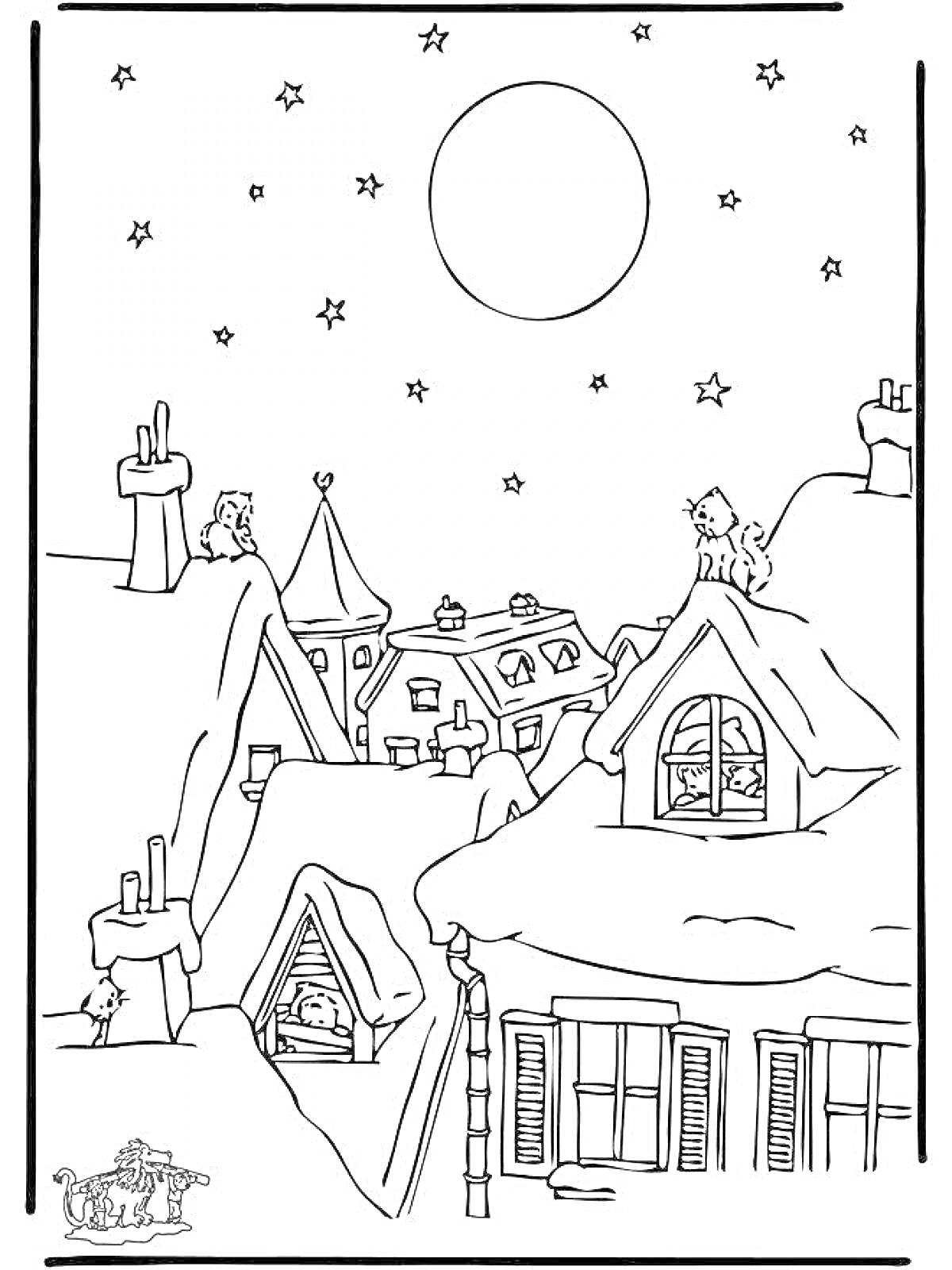Раскраска город ночью перед Рождеством со звездами и луной на небе, дымоходами и снегом на крышах, окнами с иллюминацией, домами с черепичными крышами и рождественским декором