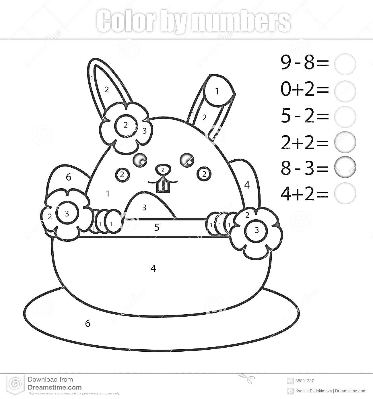 Раскраска Заяц по номерам с цветочками в корзине