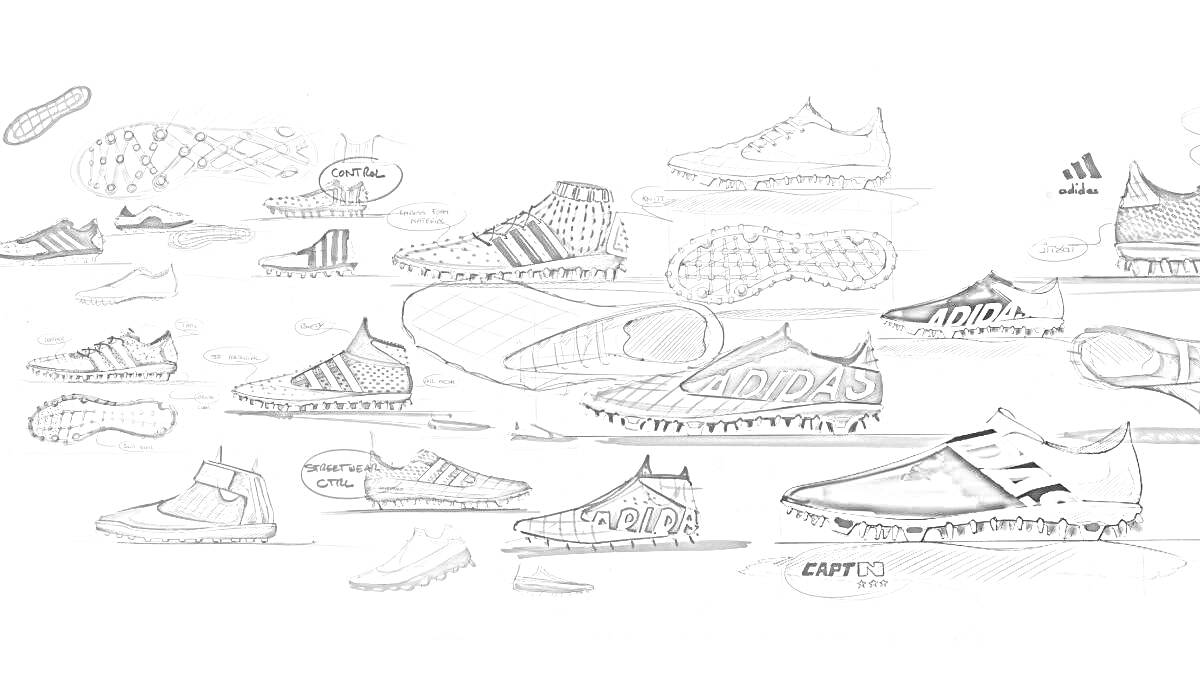 На раскраске изображено: Бутсы, Футбол, Обувь, Дизайн, Логотипы, Adidas