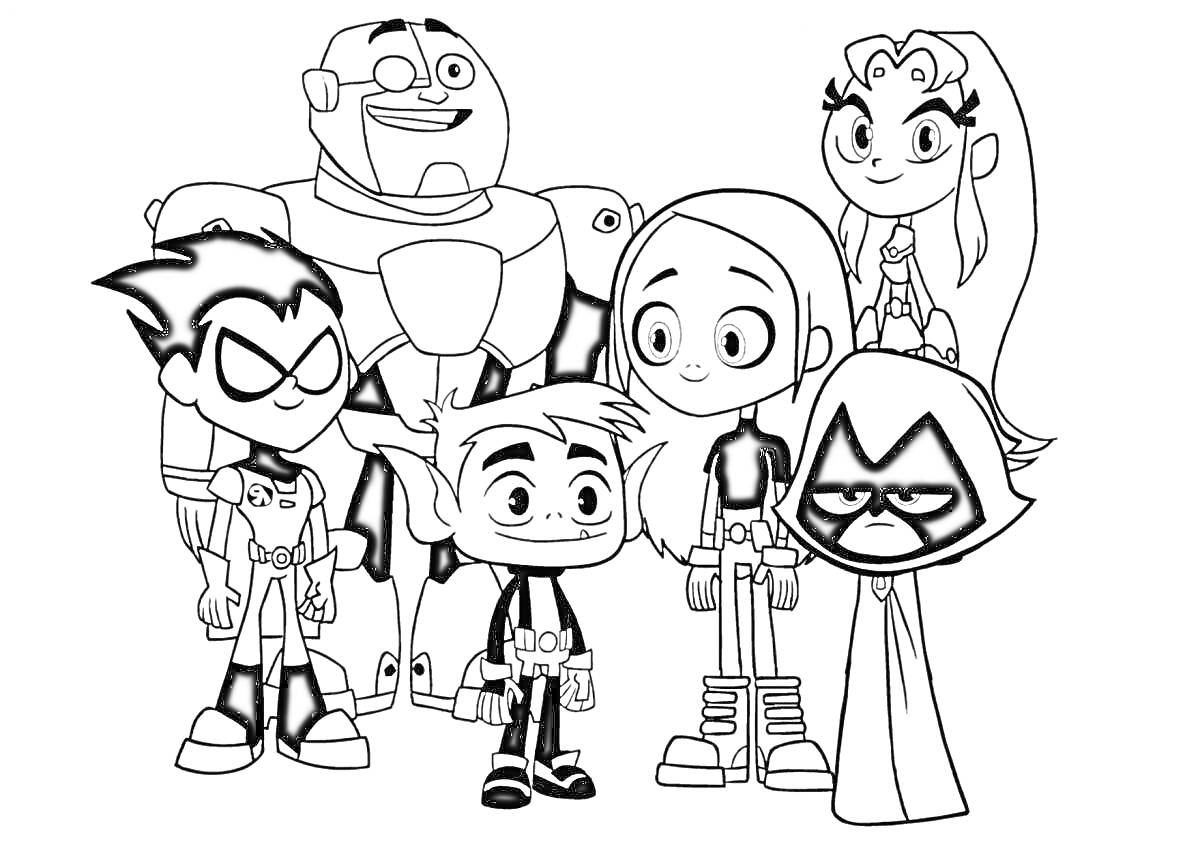 Раскраска Герои мультфильма (шесть персонажей, стоящих вместе)