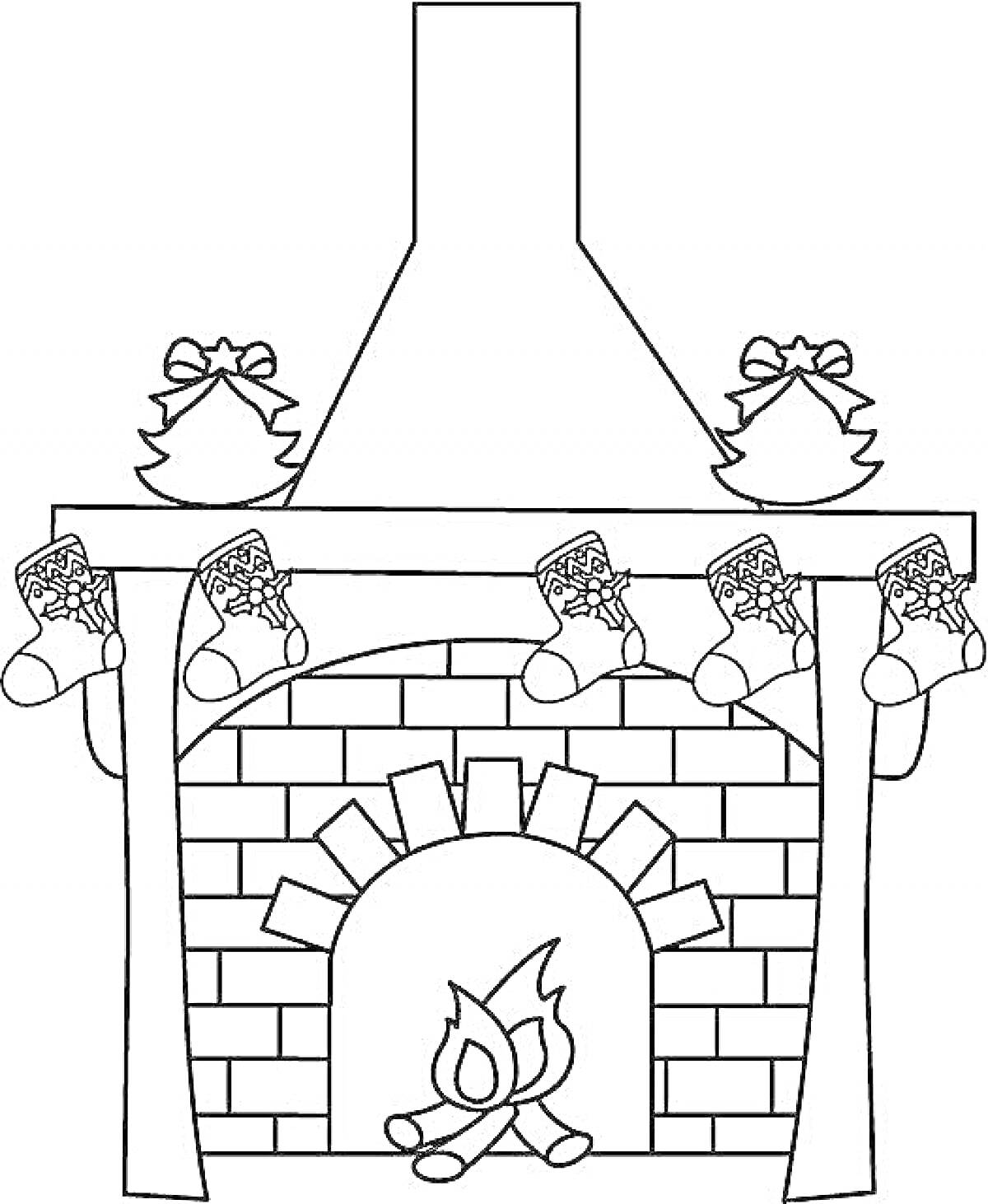 На раскраске изображено: Печка, Дымоход, Огонь, Рождественские носки, Украшения, Кирпичная кладка