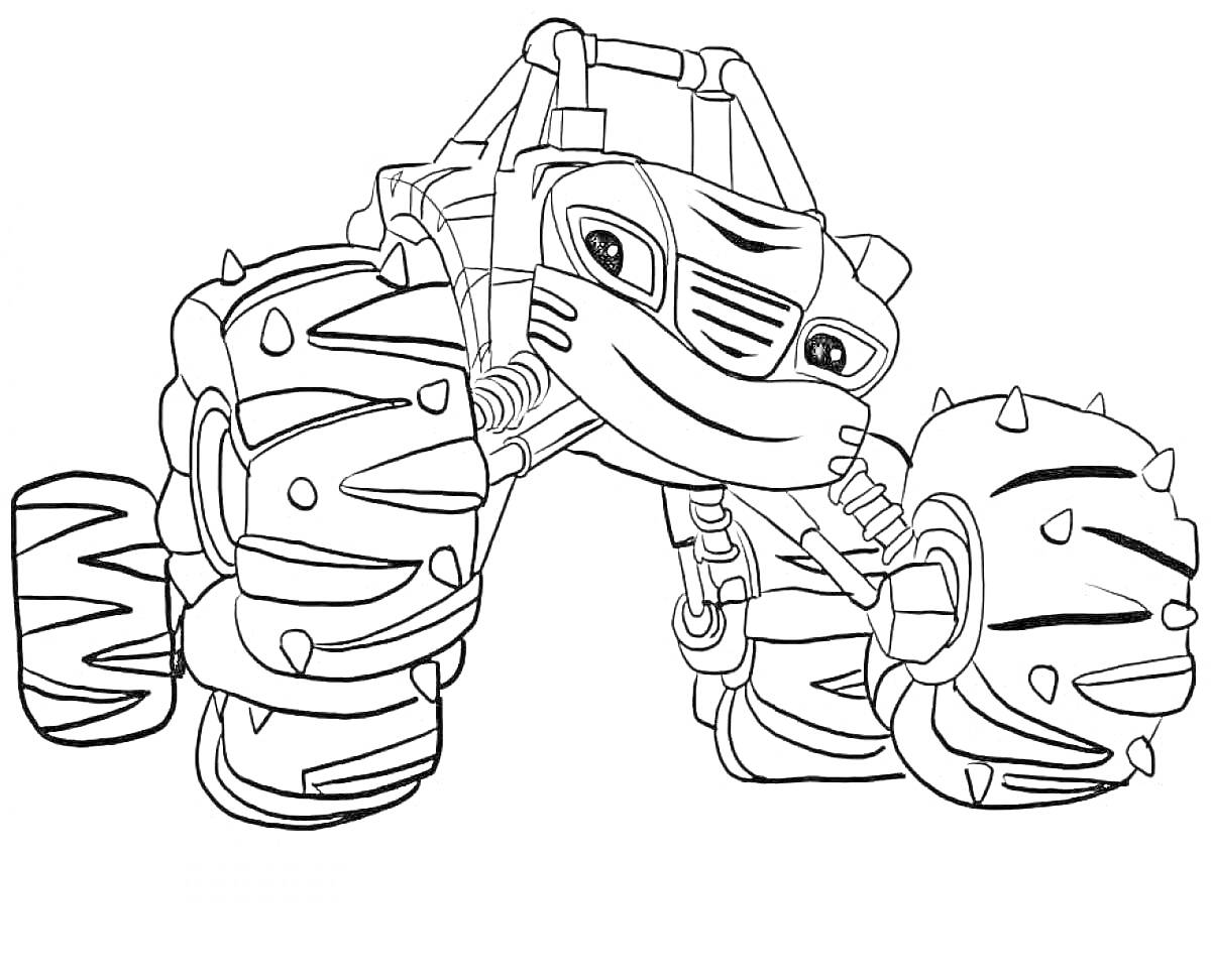 Раскраска Внедорожник с большими колесами, шипами и улыбкой