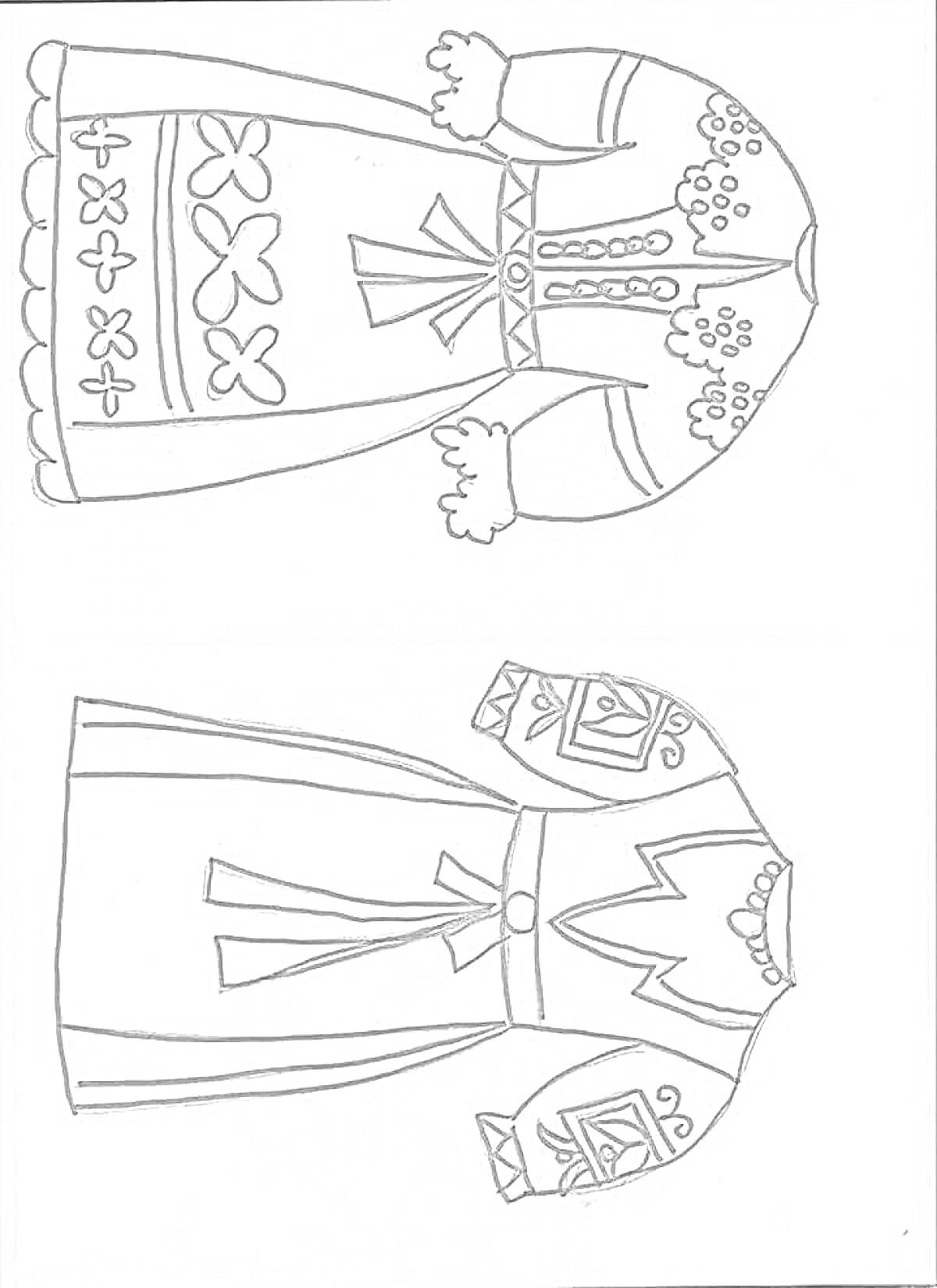 Раскраска Русский народный костюм для детей с элементами декора: узоры на рукавах и плечах, пояс, а также орнаменты на подоле и груди.