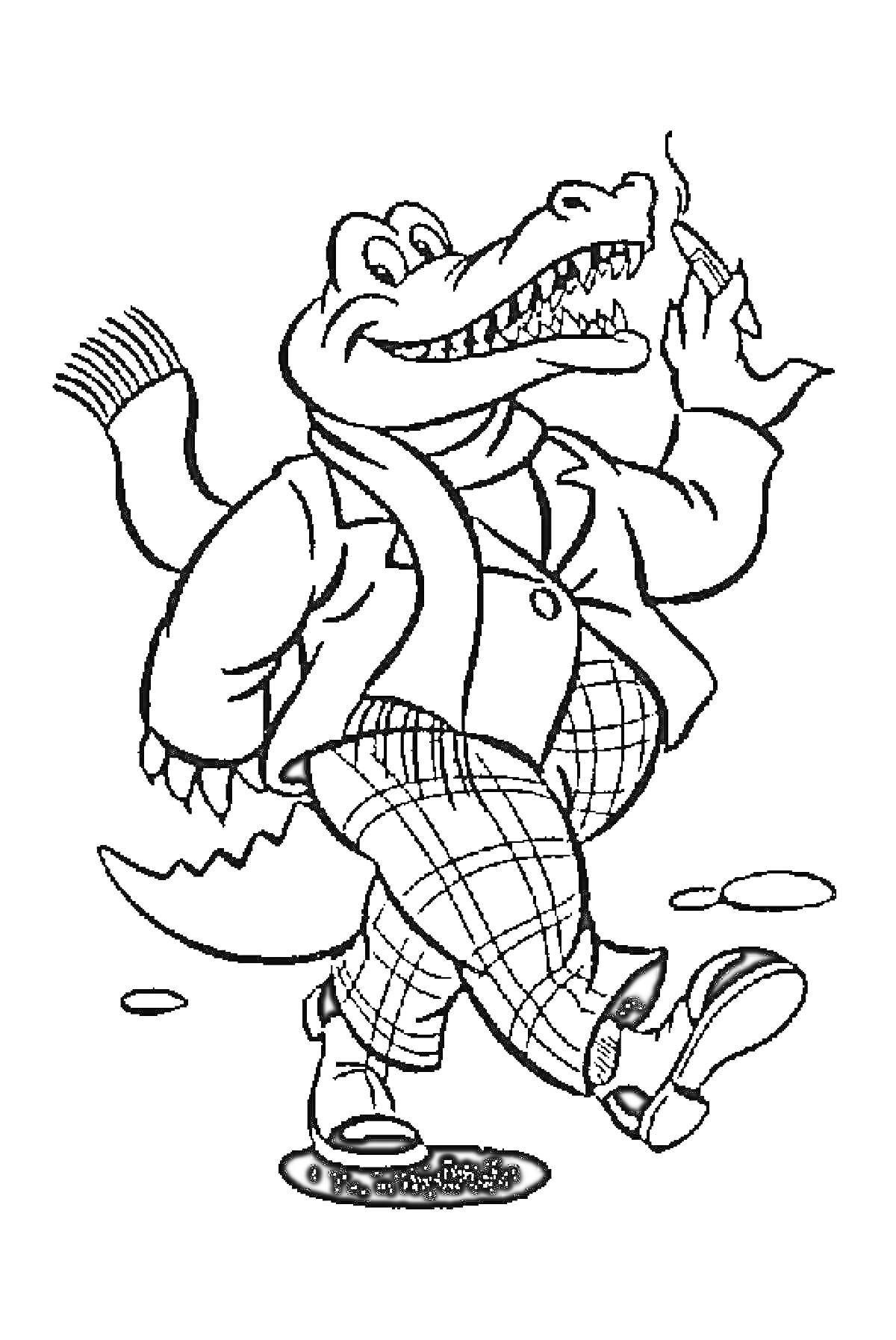 Раскраска Крокодил со шляпой, в пиджаке и шарфе