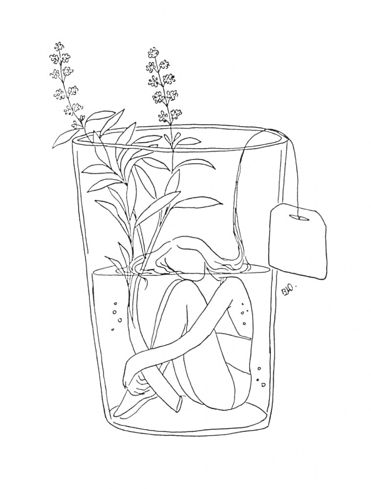 Раскраска Девушка в чашке с растениями и чайным пакетиком