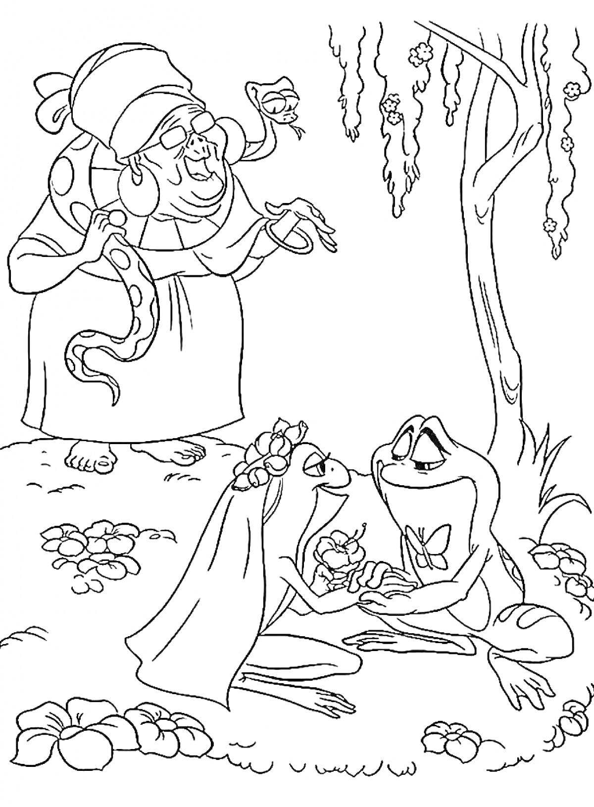 На раскраске изображено: Принцесса, Принц, Колдунья, Цветы, Из сказок, Деревья, Лягушки