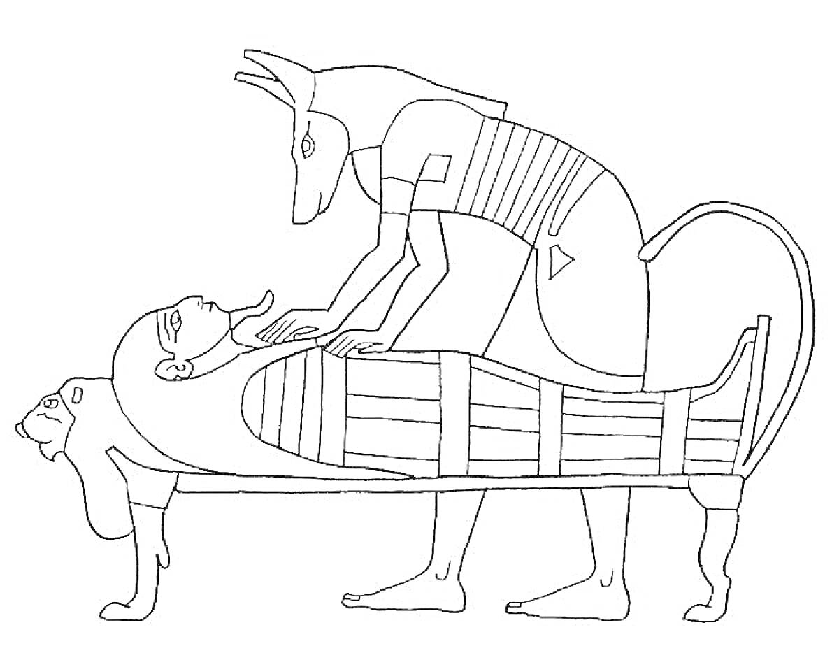 Раскраска Анубис мумифицирует человека на ритуальном столе