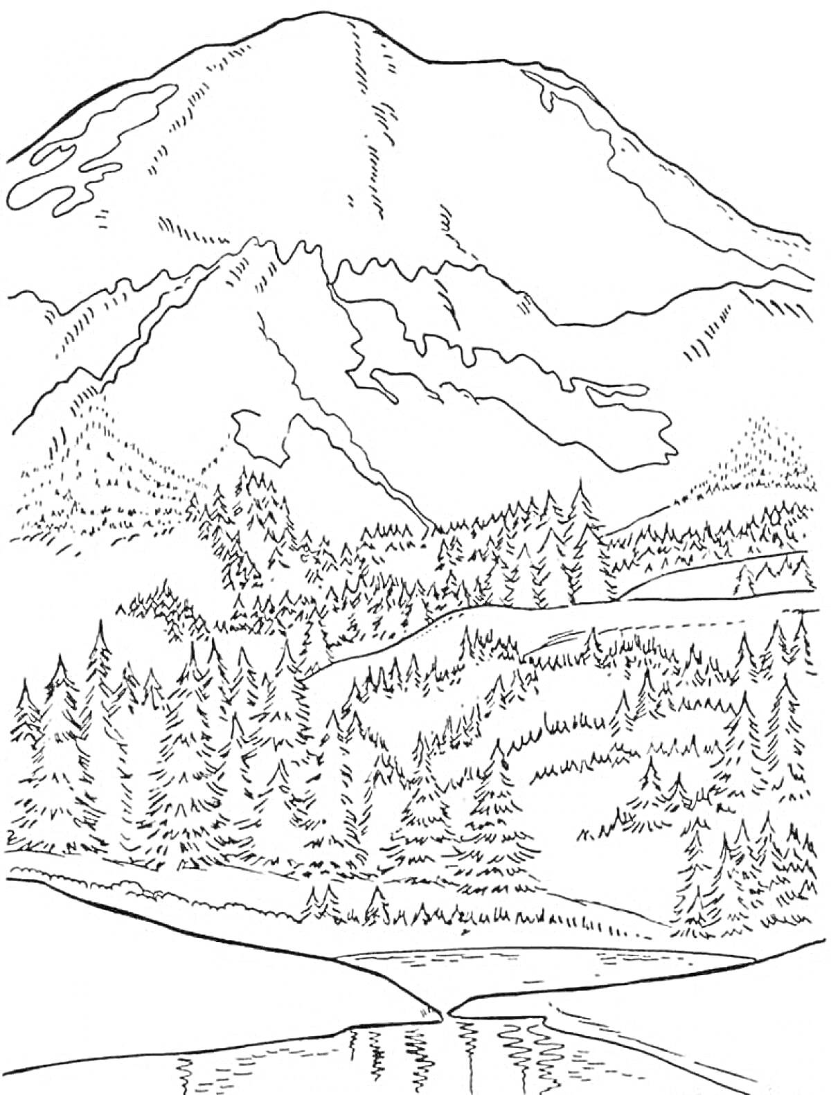 Раскраска Горный пейзаж с деревьями, холмами и озером