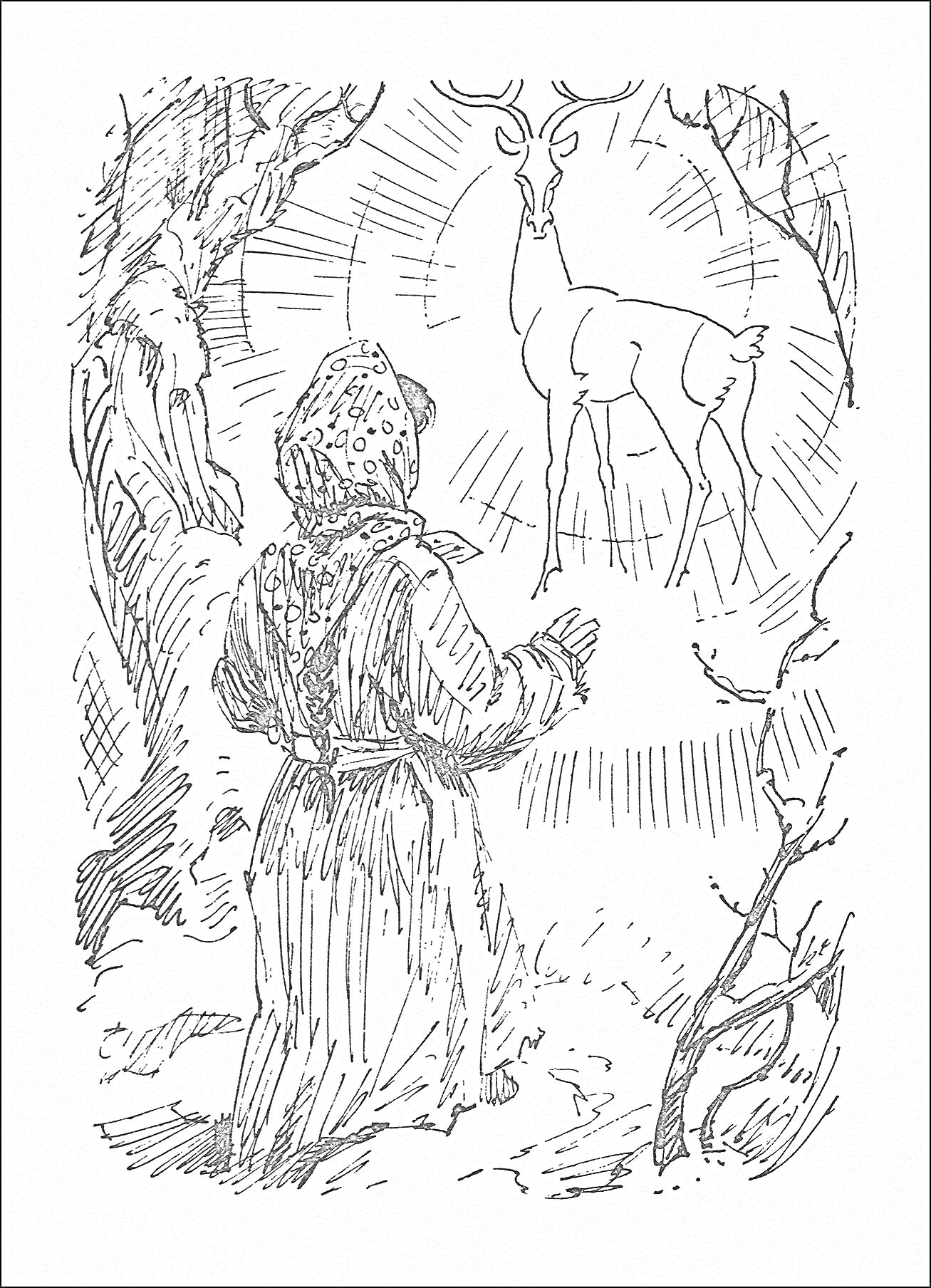 На раскраске изображено: Бажов, Лес, Дева, Платок, Платье, Олень, Волшебство, Сияние