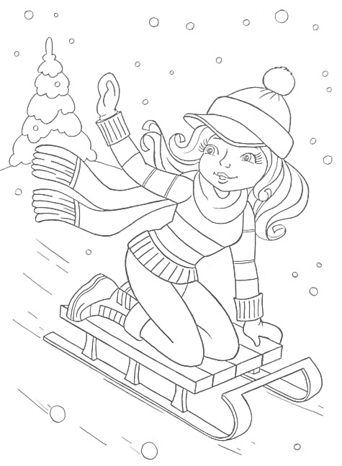 Девочка в шапке с помпоном спускается на санках по снегу мимо заснеженной ёлки, вокруг падает снег