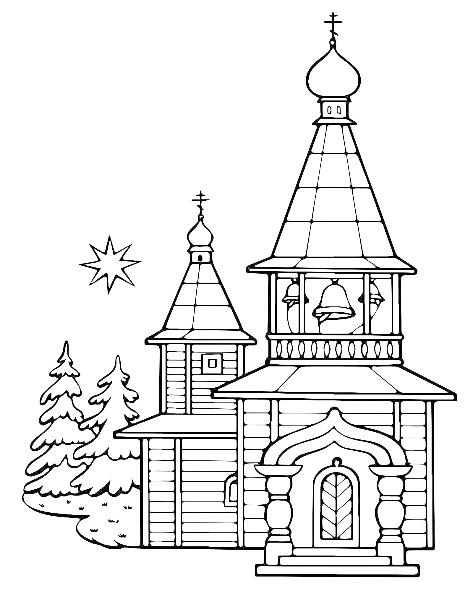 На раскраске изображено: Храм, Колокола, Ёлки, Церковь, Архитектура, Деревянное строение, Религия, Православие, Купола