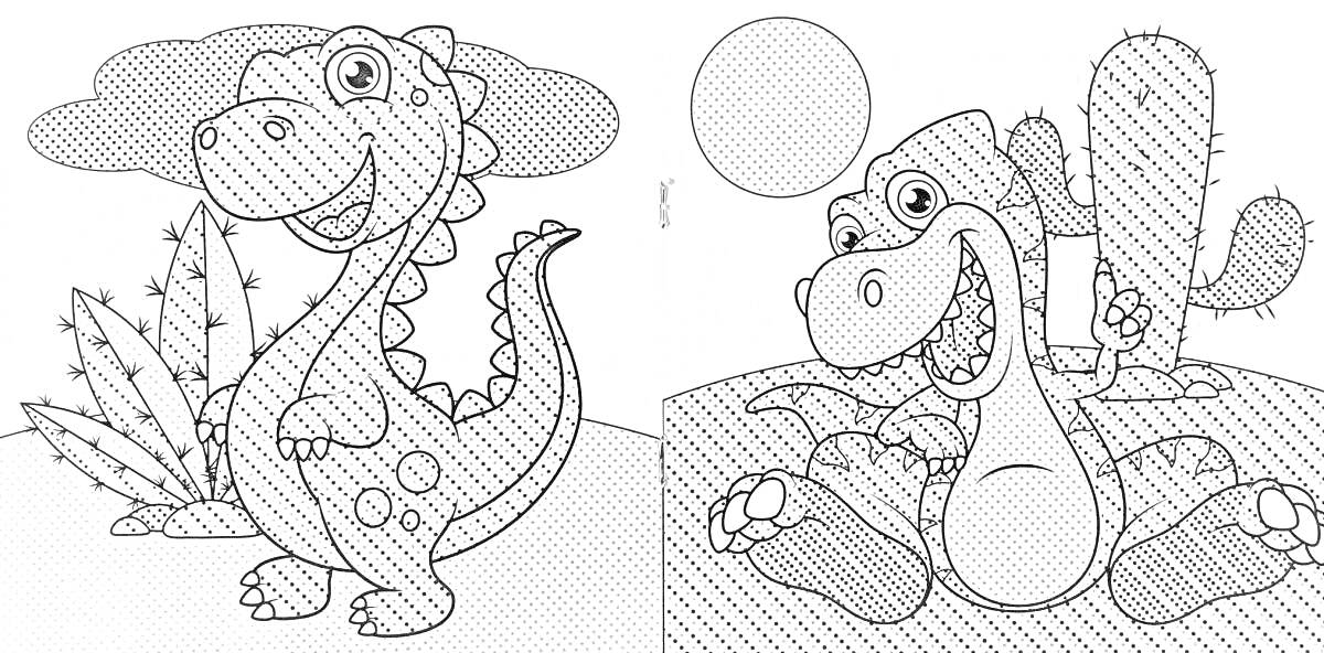 Раскраска два мультяшных динозавра на фоне природы, один с кактусами и один с солнцем