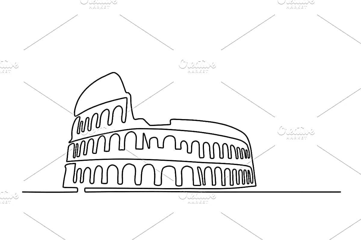 На раскраске изображено: Колизей, Рим, Архитектура, Древний Рим, Линия горизонта, Амфитеатр, Контурные рисунки