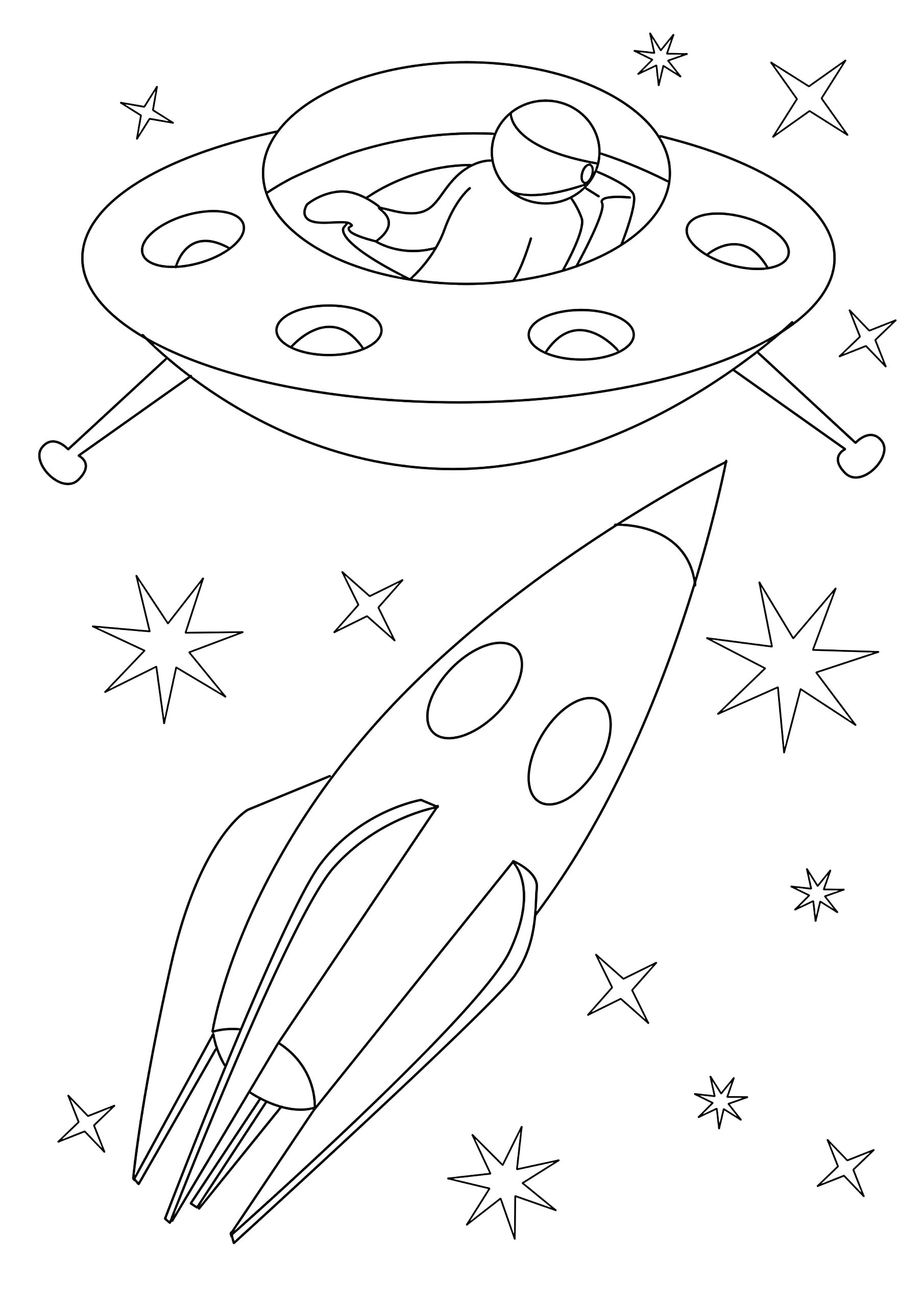 На раскраске изображено: Космос, Ракета, Астронавт, Звезды, Фантастика, Для детей, Летающие тарелки