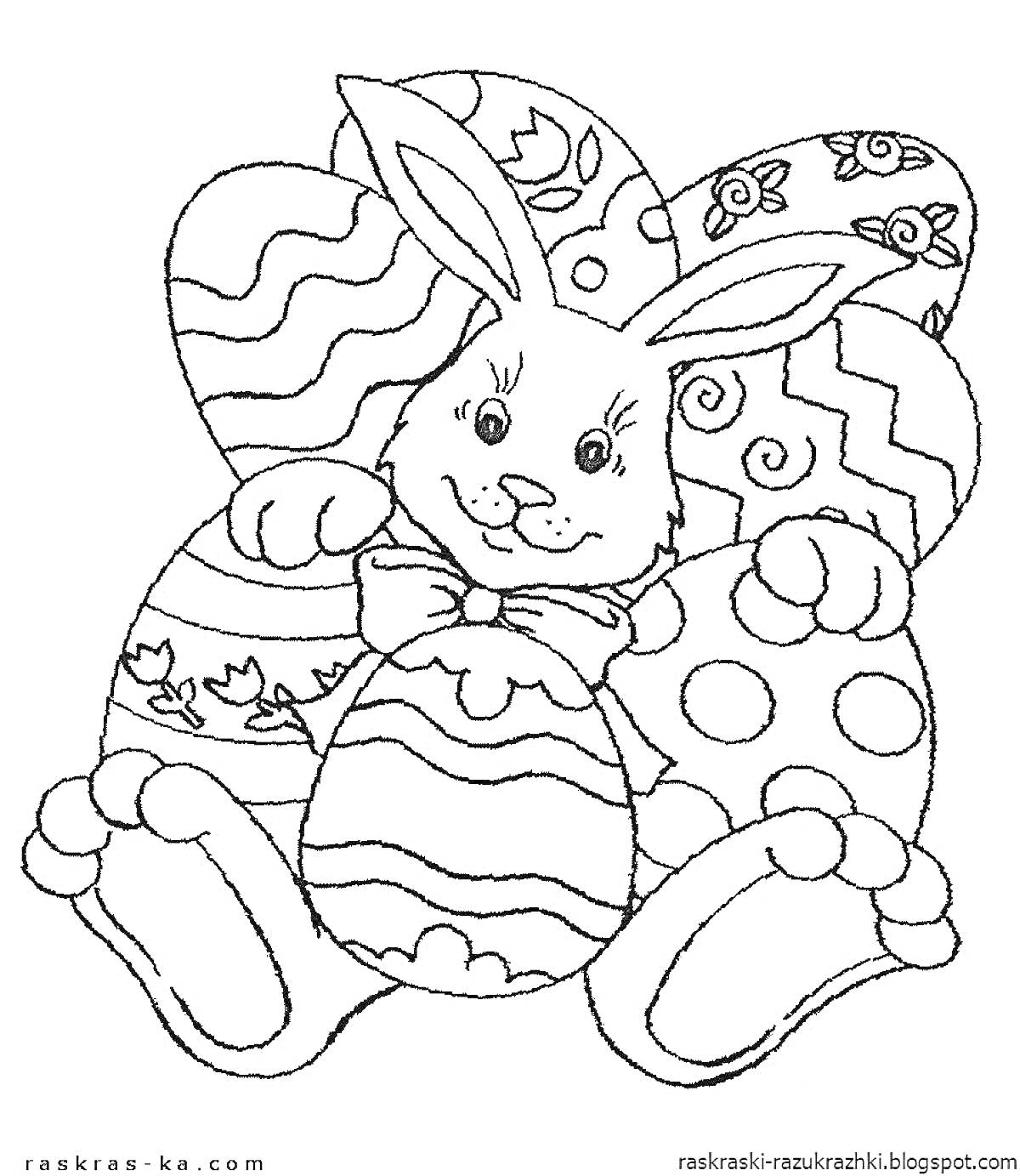 Раскраска Кролик с пасхальными яйцами. Кролик в центре, окружен большими украшенными яйцами с узорами.