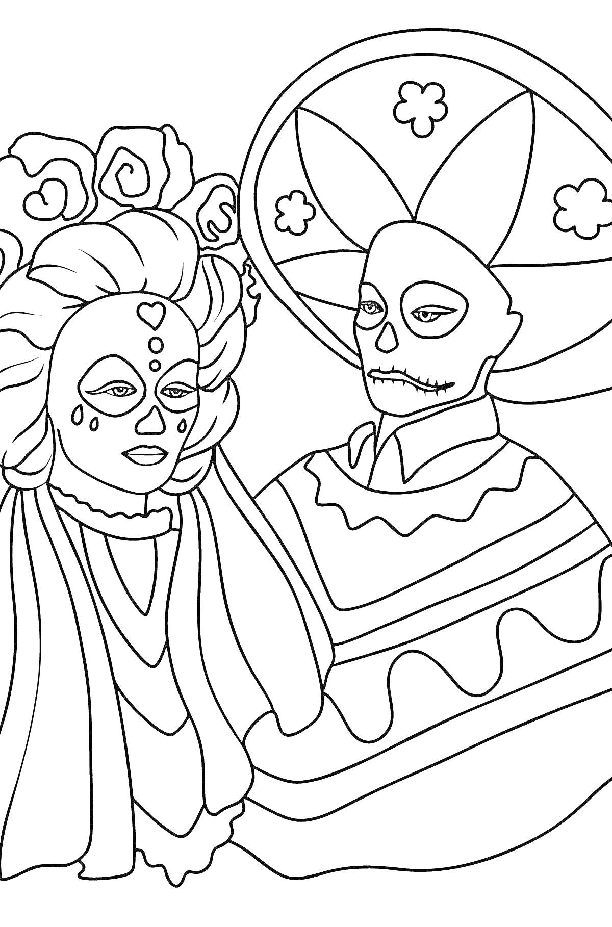 Раскраска Пара в карнавальных костюмах с макияжем скелетов и большими головными уборами