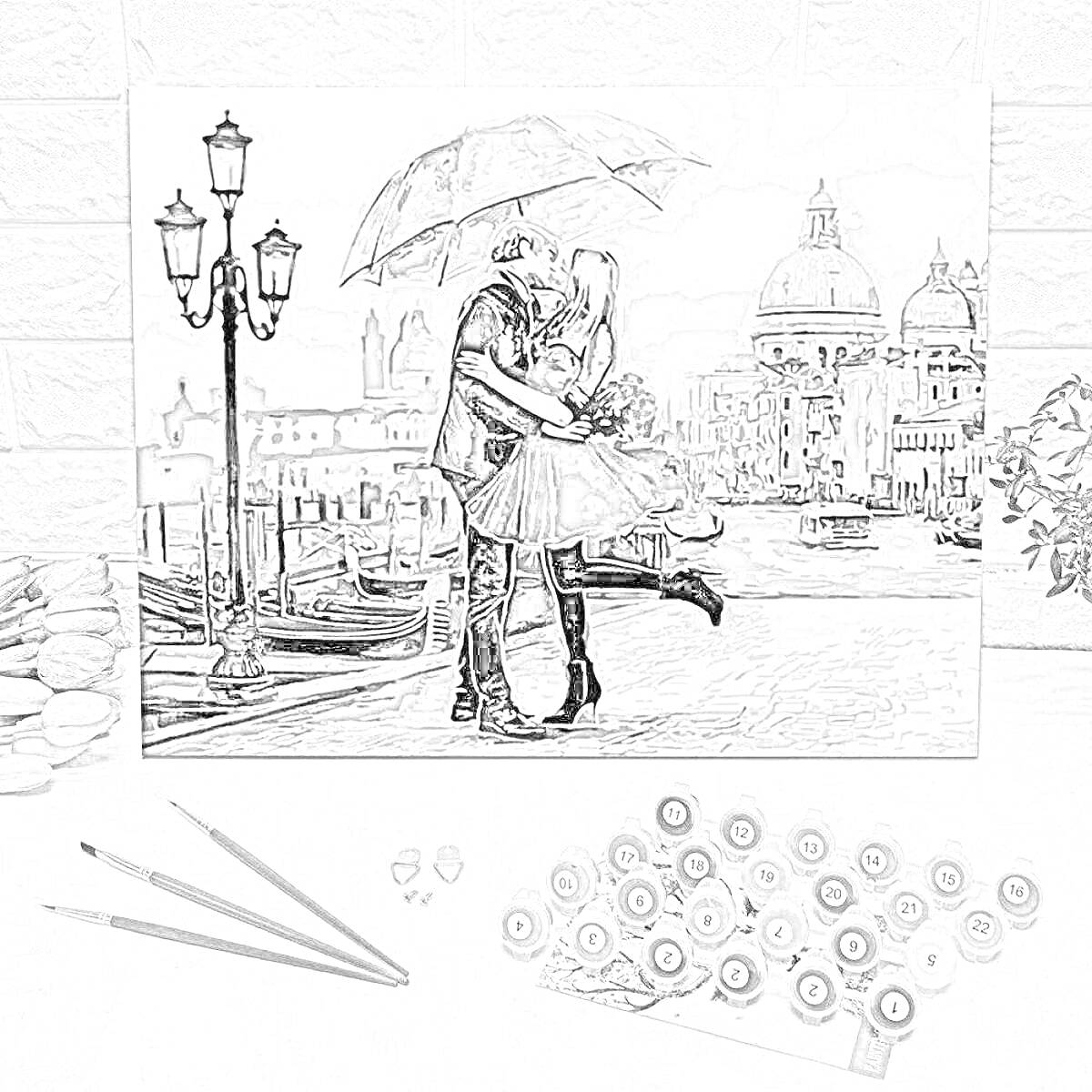 Раскраска Влюбленная пара под зонтом на фоне архитектурных сооружений и города с каналом и лодками