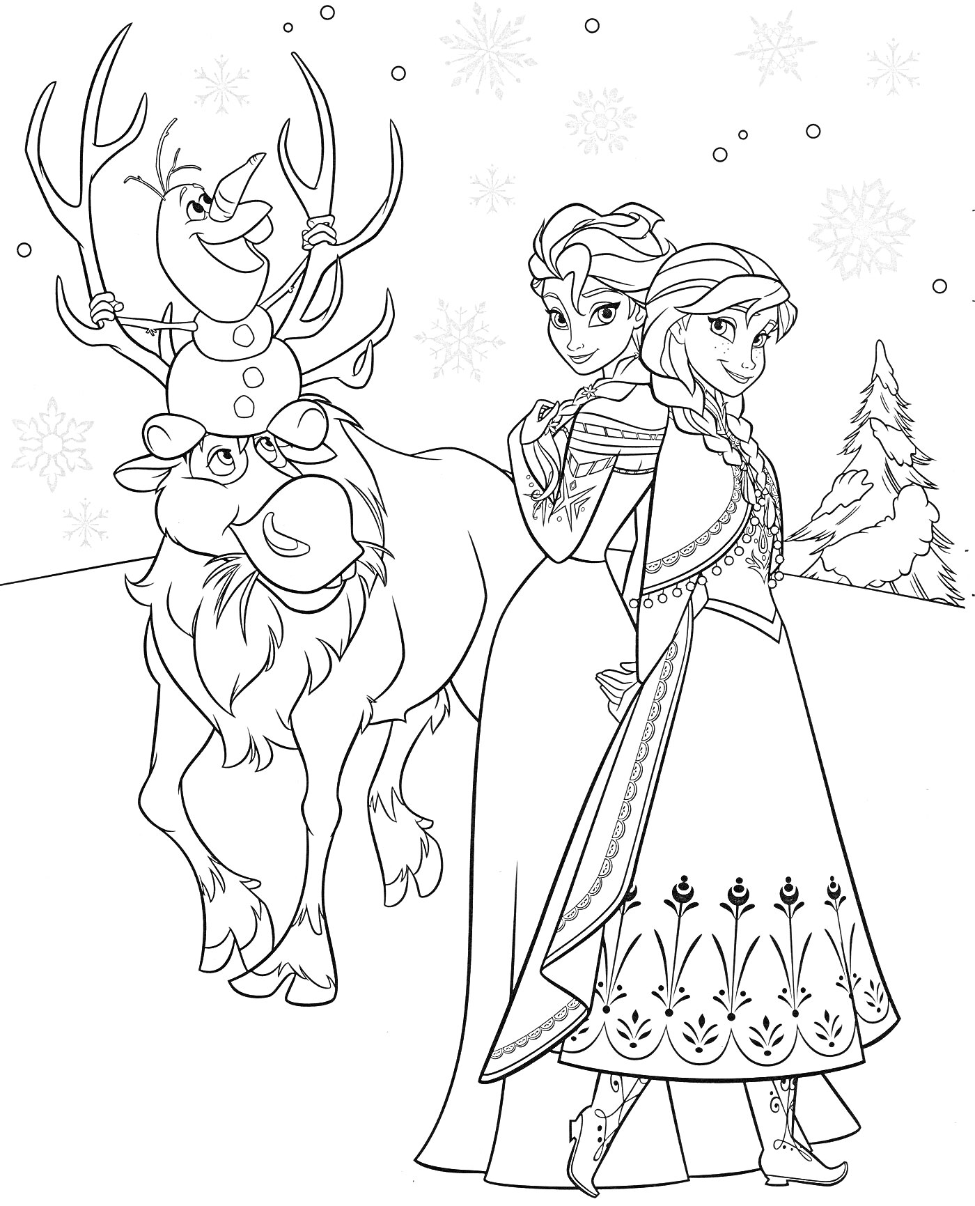 Раскраска Две девушки, олень и снеговик на фоне снежного пейзажа