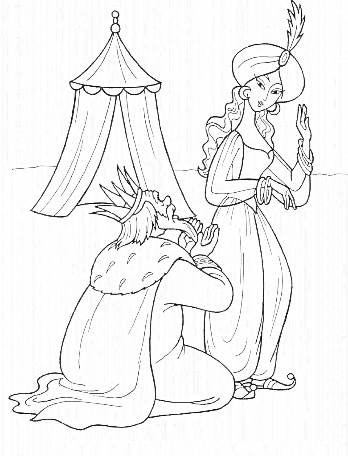На раскраске изображено: Король, Женщина, Восточная одежда, Шатер, Коленопреклонение, Корона, Длинные волосы