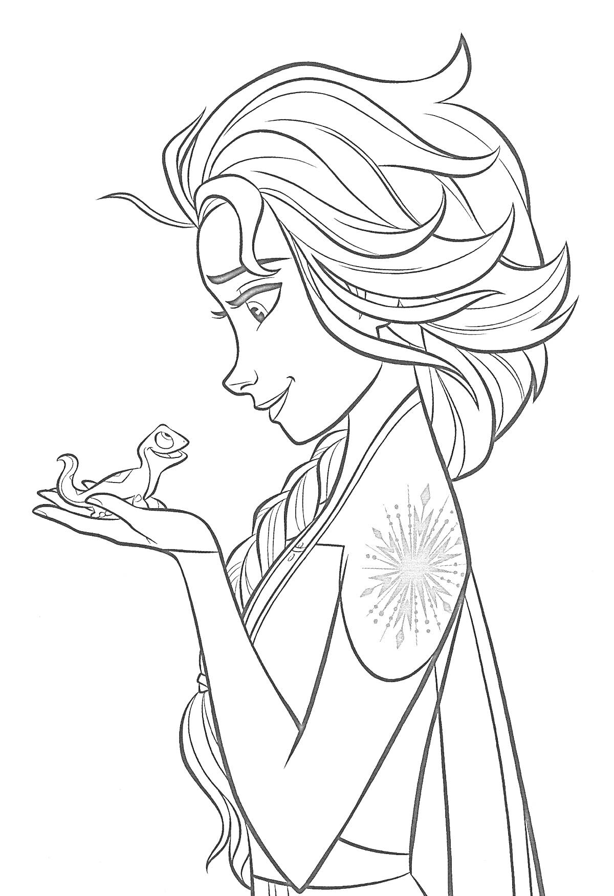 Девушка с длинными волосами и волшебной снежинкой на плече держит саламандру на ладони