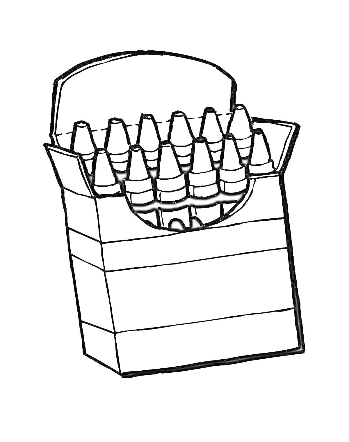 На раскраске изображено: Восковые мелки, Коробка, Канцтовары