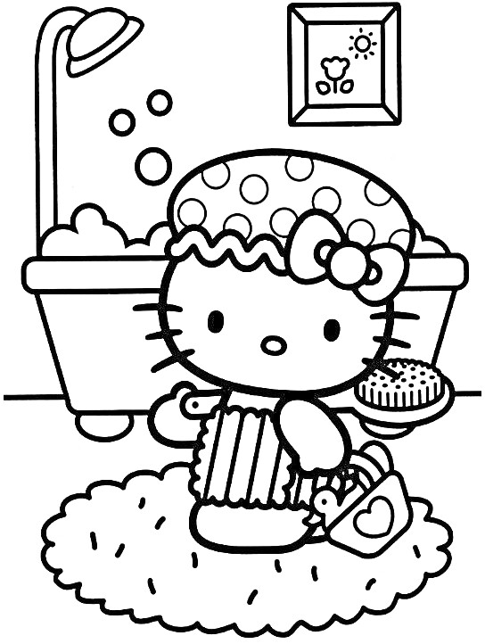 Раскраска Китти в ванной с душем, ковриком, щеткой и сумкой