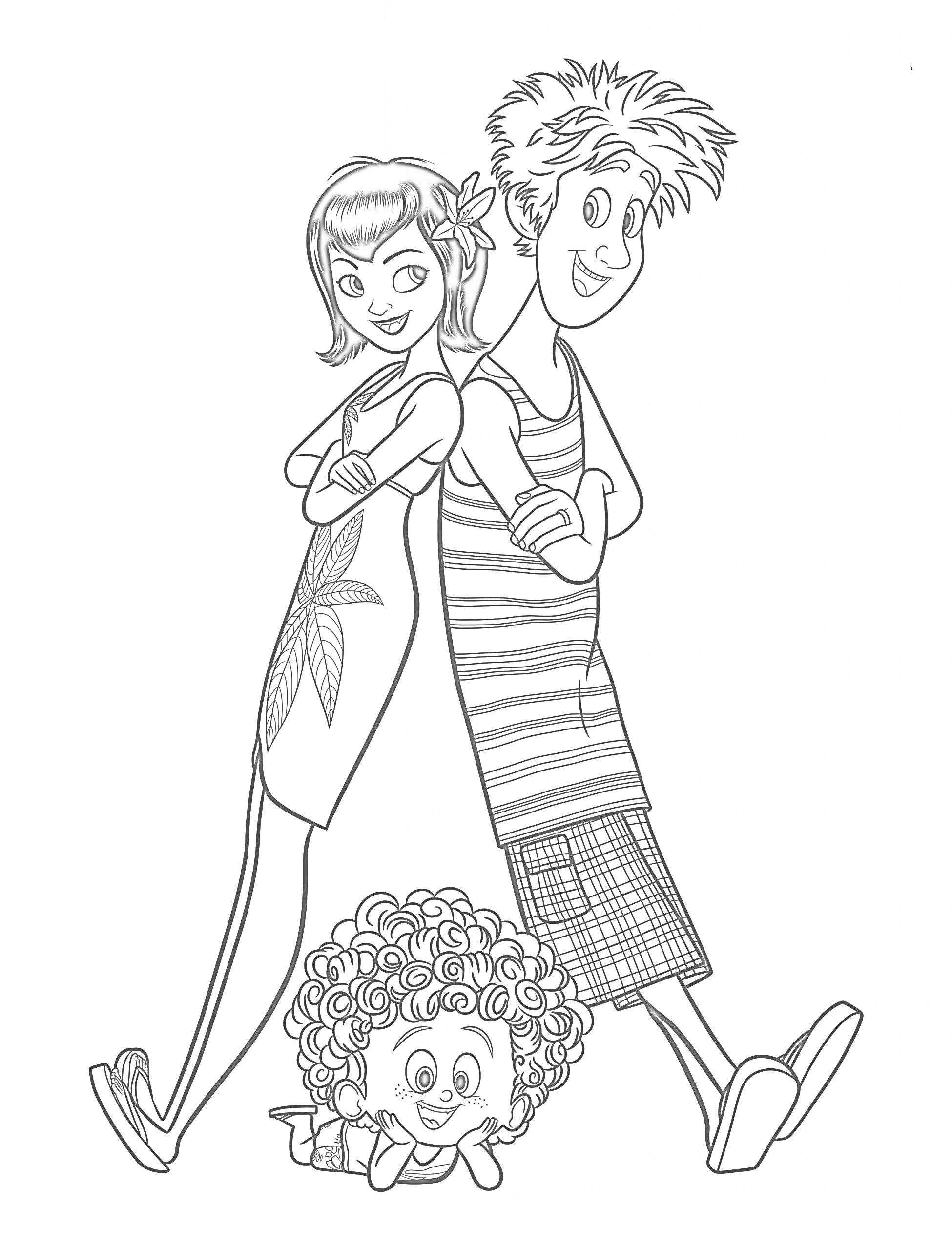 Женщина со цветком в волосах и мужчина в полосатой майке, стоящие спинами друг к другу, и ребенок с кудрявыми волосами с игрушкой