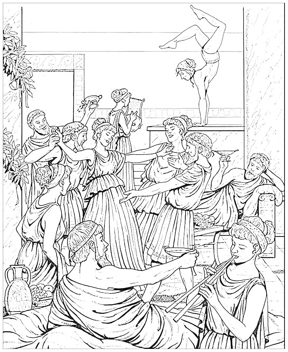 На раскраске изображено: Древняя Греция, Традиционная одежда, Венок, Акробатика, Сосуды, Музыка, Флейта, Человек