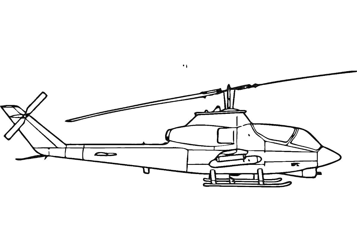 Военный вертолет с лопастями и вооружением, боковой вид