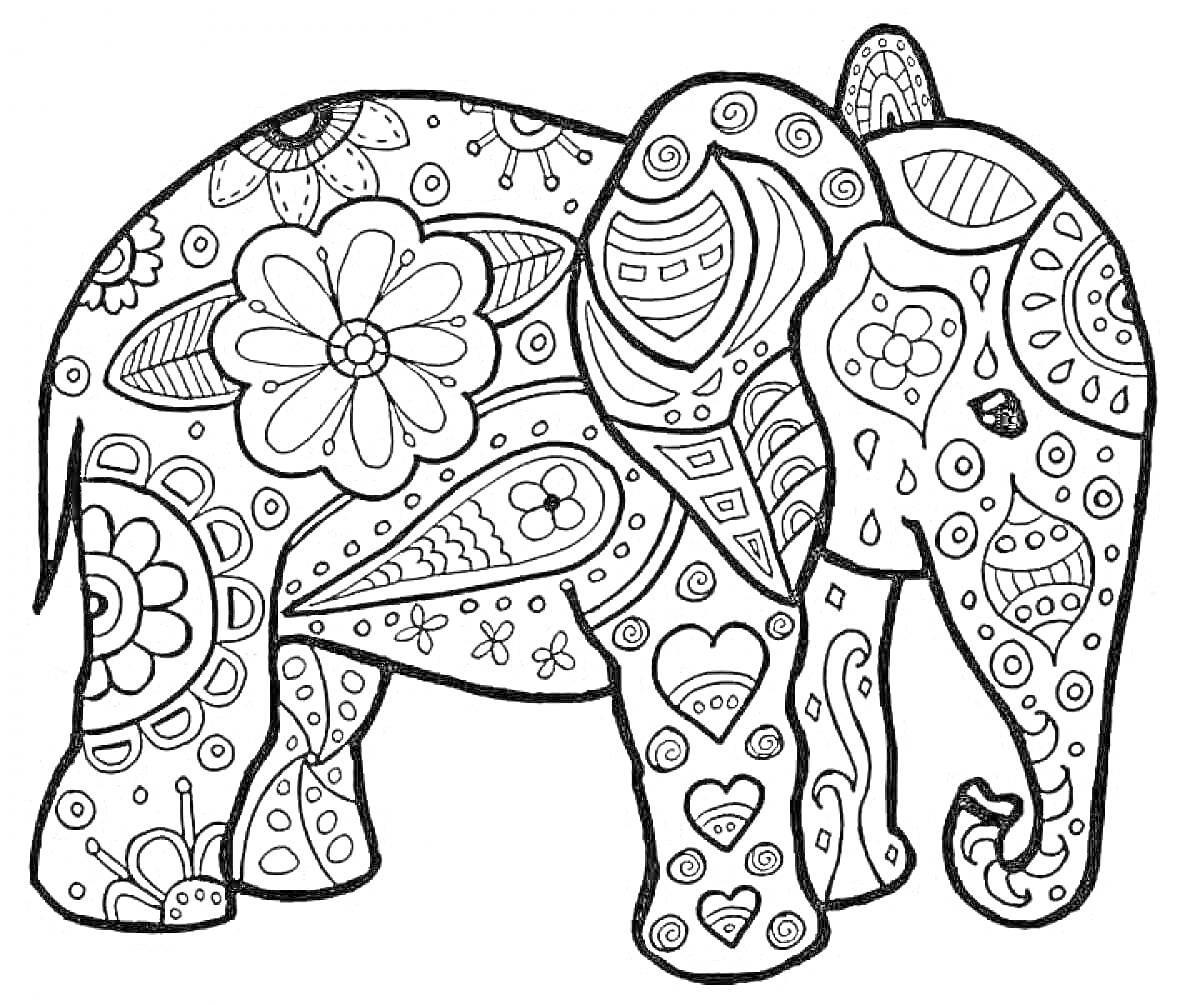 Раскраска Слон с цветочными узорами и орнаментами