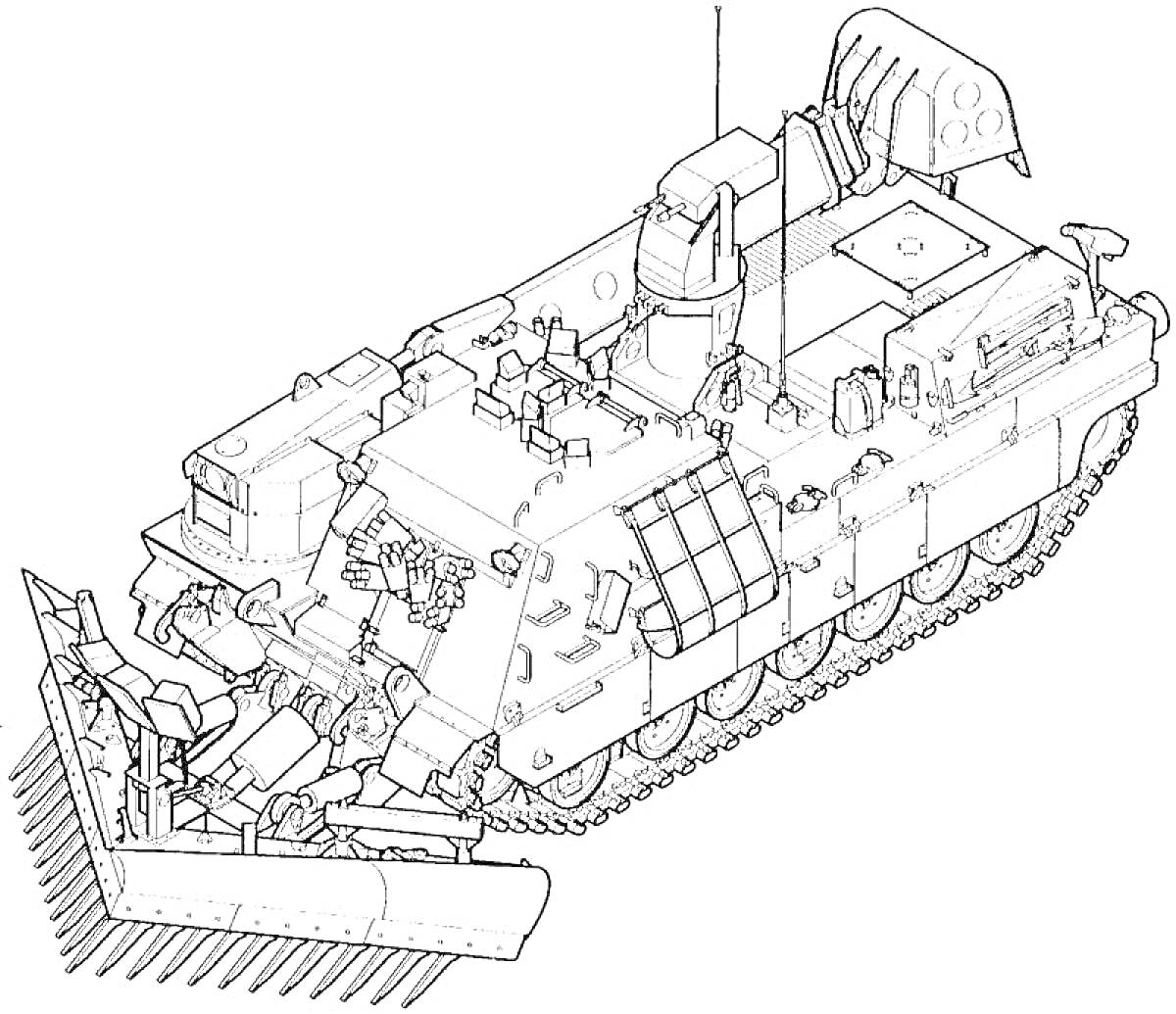 На раскраске изображено: Танк, Военная техника, Бронетехника, Лопата, Антенны, Люки, Гусеницы