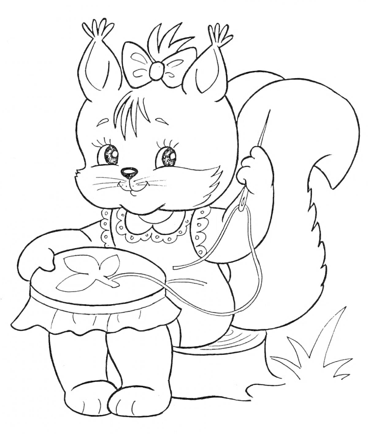 Раскраска Белочка, вышивка, пень, трава