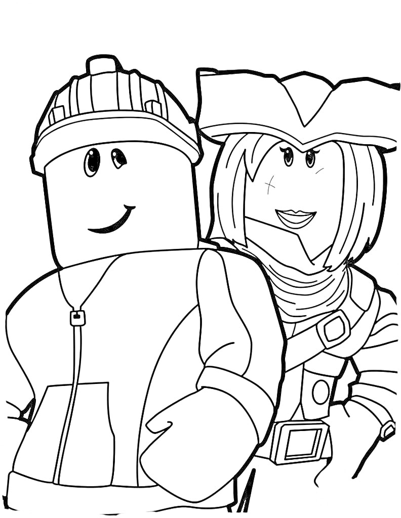 Раскраска Два персонажа Роблокс, один в шлеме и толстовке, другой в пиратской шляпе с шрамом на лице