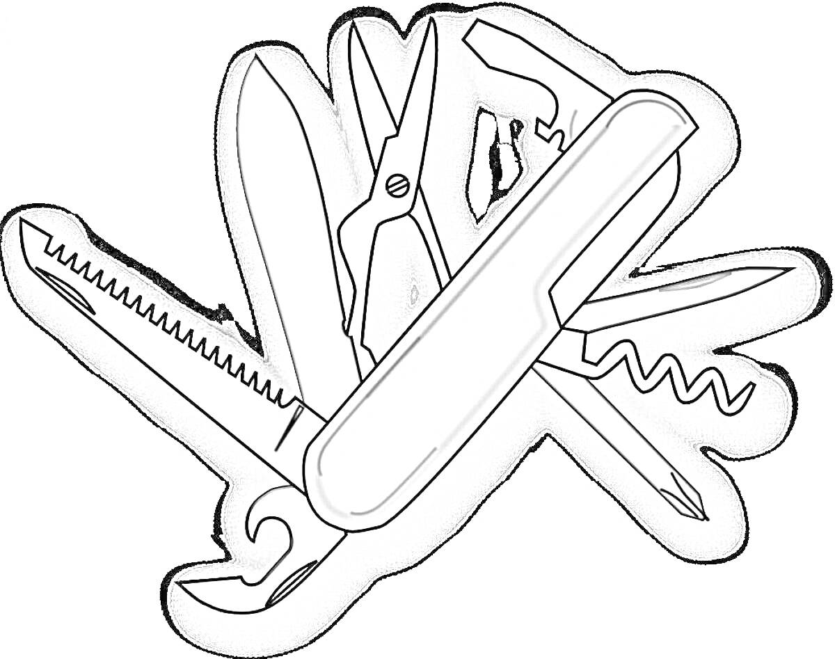 Раскраска Мультитул с ножом, пилой, открывалкой, ножницами, штопором и отверткой