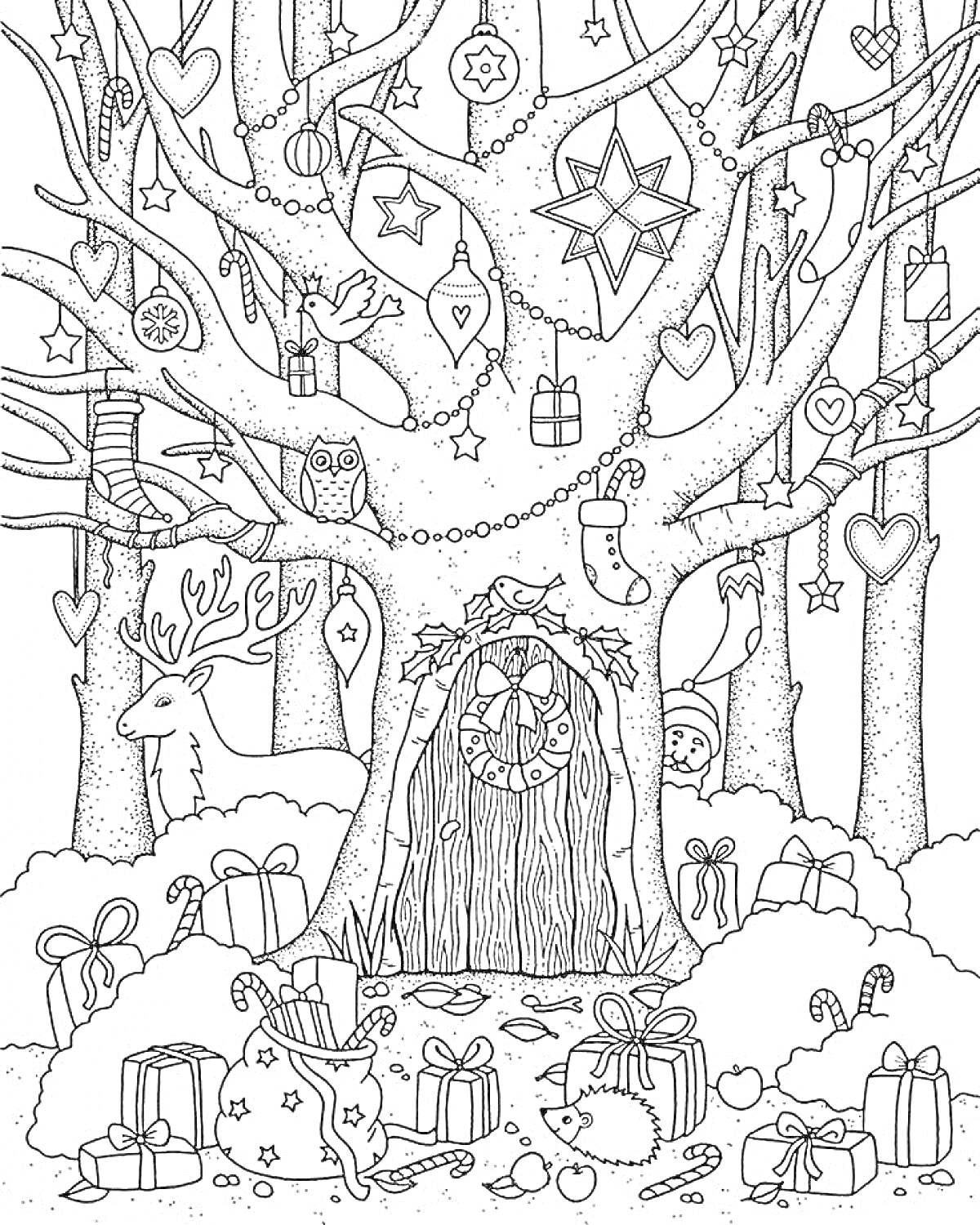 Раскраска Новогодняя сцена с украшенным деревом, подарками, оленем, совой, дверью в дерево, снежинками и рождественскими носками