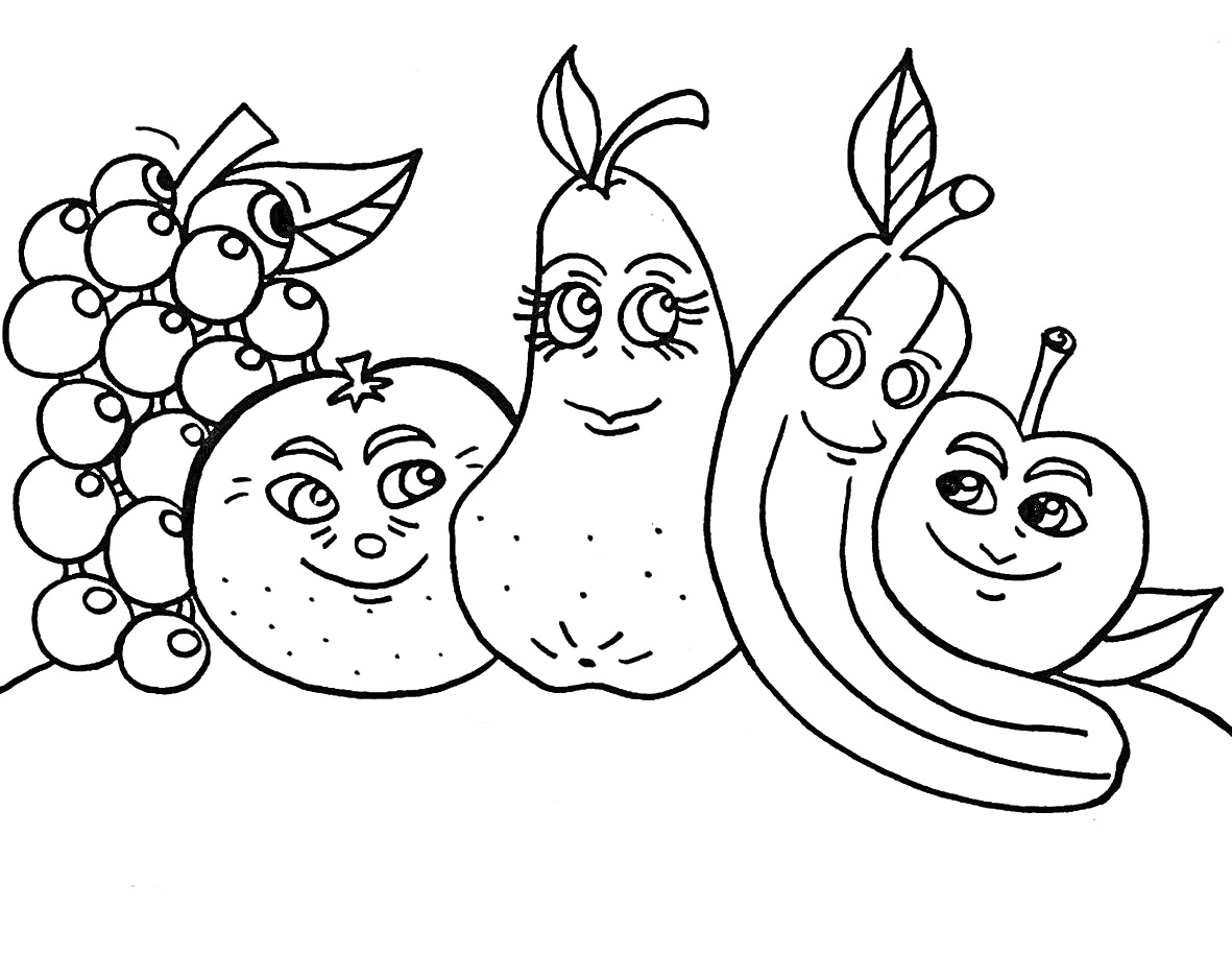 Виноград, апельсин, груша, банан и яблоко с глазами
