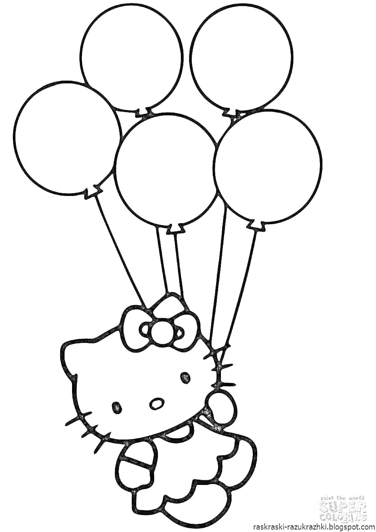 На раскраске изображено: Лента, Платье, Обводка, Бант, Воздушные шары, Кот, Шары