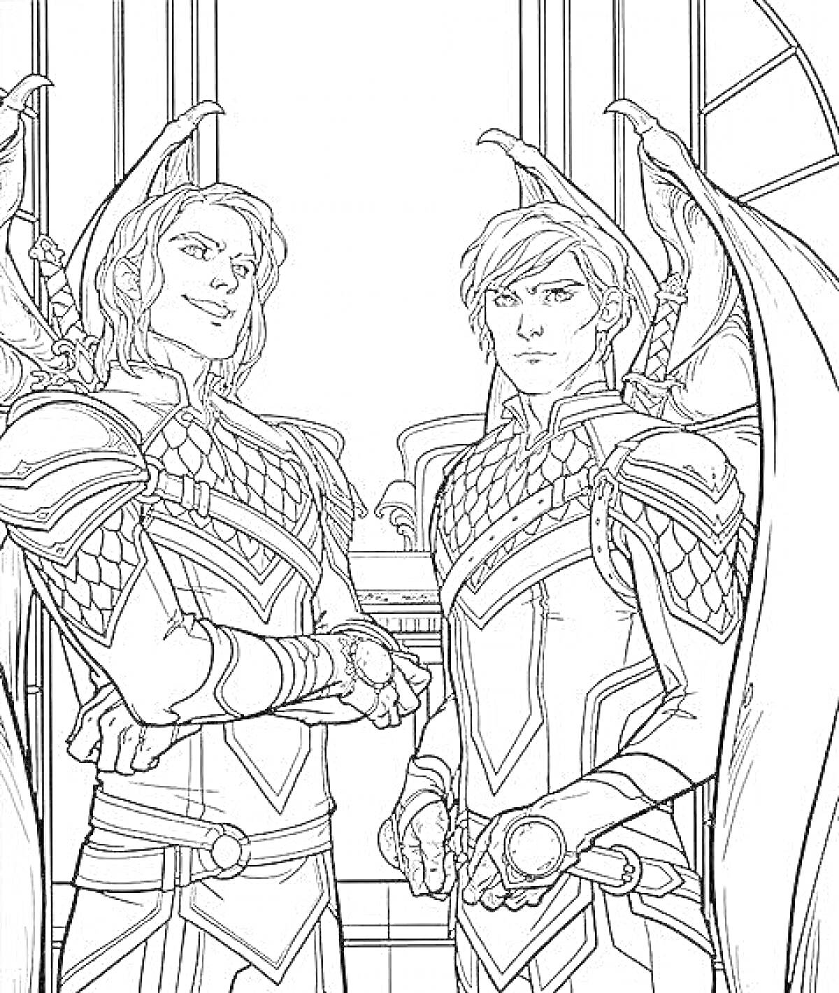 Раскраска Два рыцаря с крыльями в доспехах на фоне замка