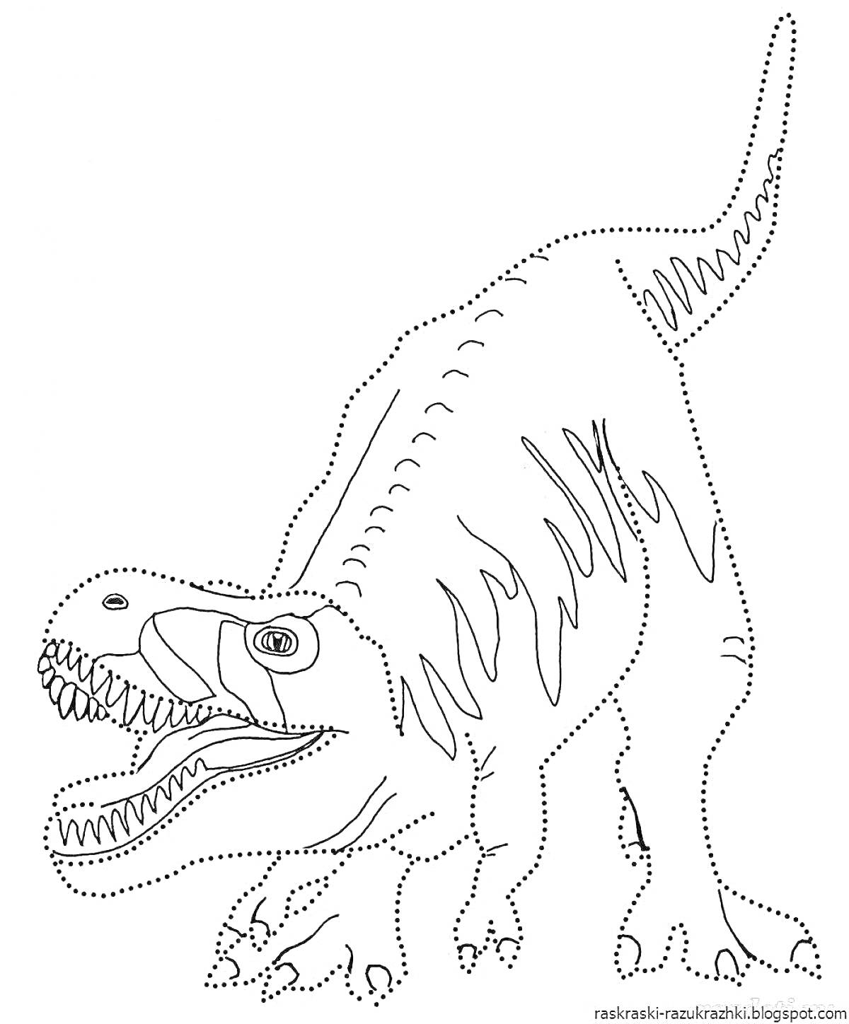 Раскраска динозавр с открытой пастью и острыми зубами