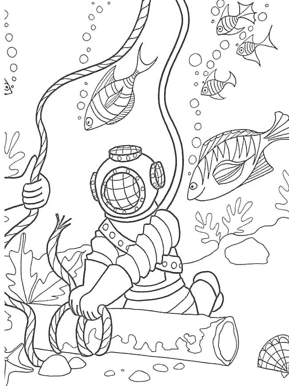 На раскраске изображено: Водолаз, Морское дно, Кораллы, Морские растения, Труба, Рука, Веревка, Подводный мир, Рыба, Пузыри