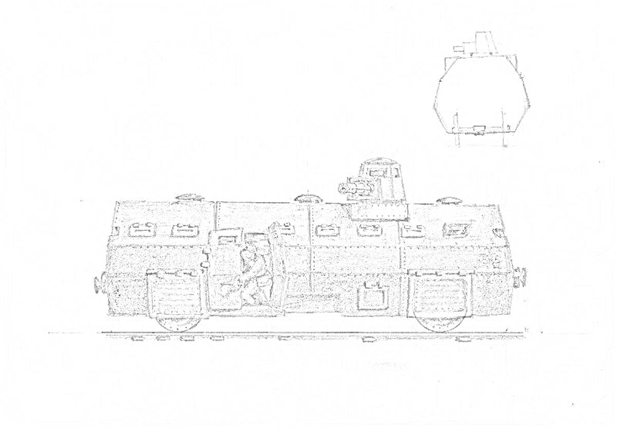 Раскраска Бронепоезд с бронированной башней, дверями, и техническими деталями